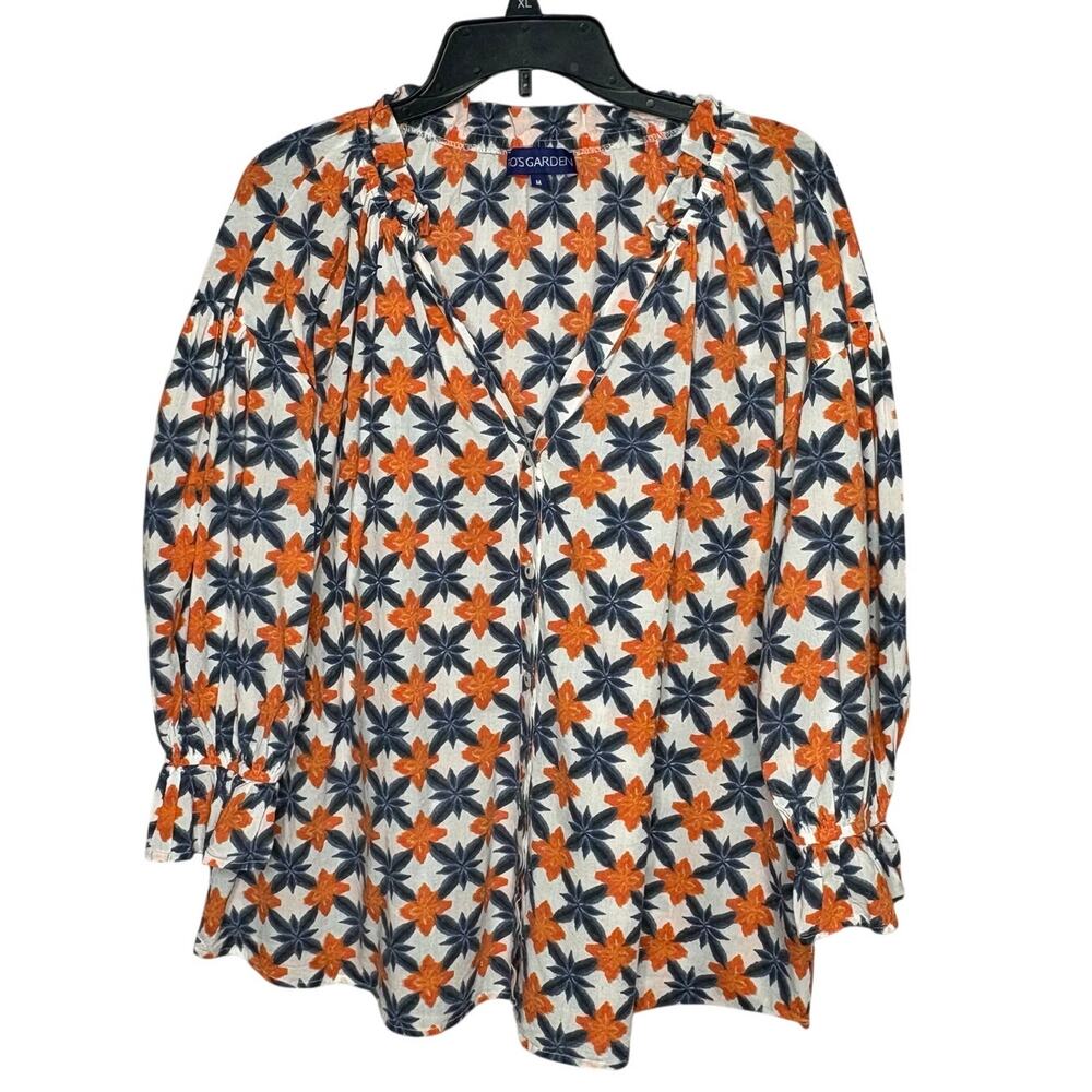 Ro's Garden Lavinia Rachel Orange & Blue Cotton Button Down Shirt Size Medium